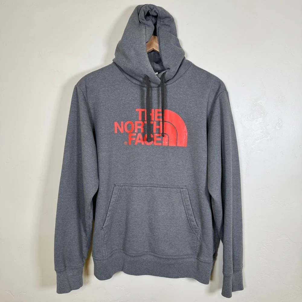 The North Face Hoodie Mens L Grey Half Dome Orange Logo Pullover Sweatshirt Camp